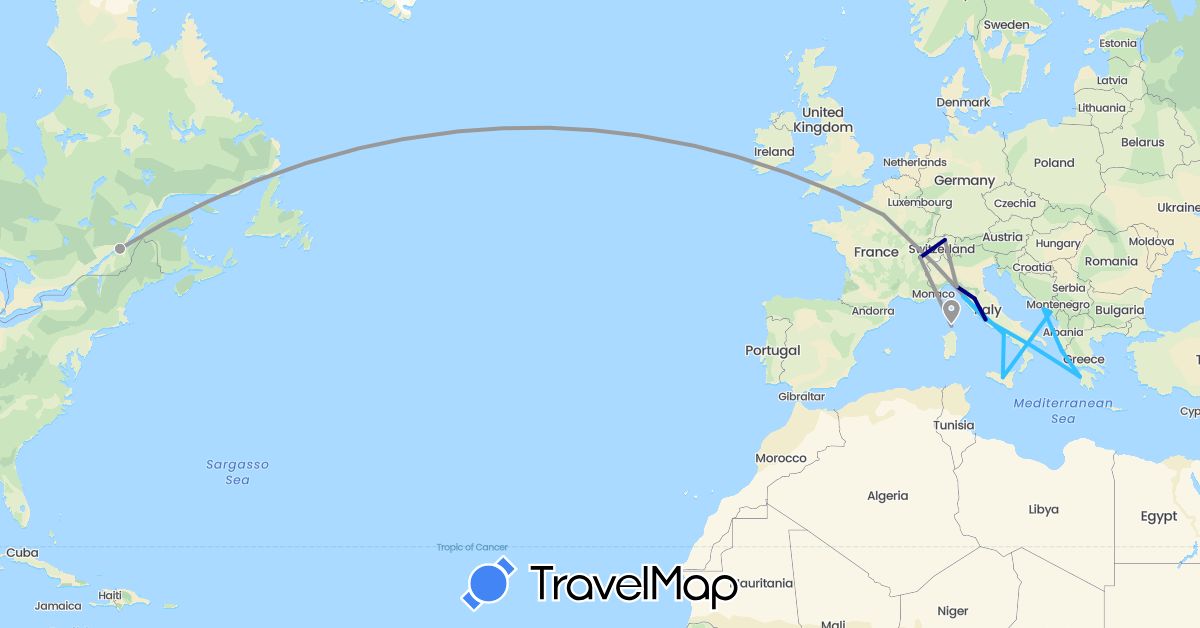 TravelMap itinerary: driving, plane, boat in Canada, Switzerland, France, Greece, Croatia, Italy, Montenegro (Europe, North America)
